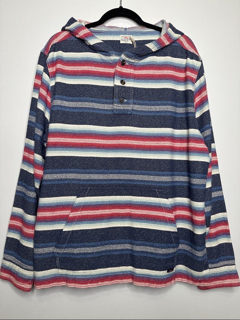 Faherty Red Blue Striped Hooded Pacific Poncho Long Sleeve Shirt Size Large Nwt
